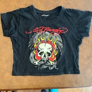Ed Hardy Skull Black Crop Top Short Sleeve T-Shirt Size Large